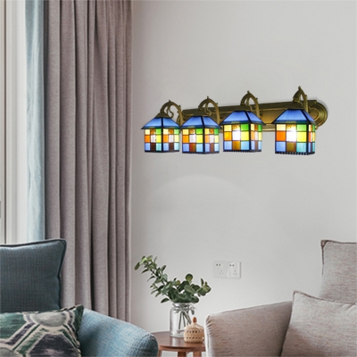 4 Lights Checkered Pattern Wall Light Tiffany Style Stained Glass Wall Sconce in Multicolor