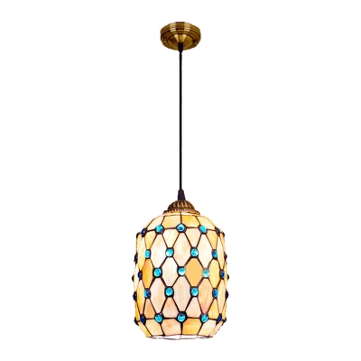 Cylinder Suspended Light Tiffany Style Stained Glass Hanging Lamp with Bead Decoration