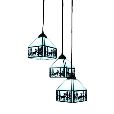 Aqua Elk Ceiling Pendant Lamp Tiffany Lodge Style Stained Glass 3 Lights Pendant Light