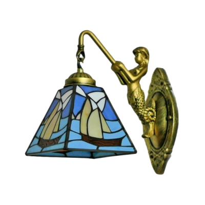 Aqua Sailboat Design Wall Sconce Nautical Tiffany Style Stained Glass Wall Lamp
