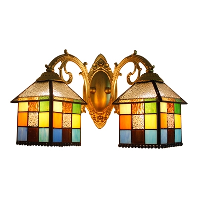 Double Heads Lantern Shade Wall Light Tiffany Style Rippled Glass Wall Sconce in Multicolor