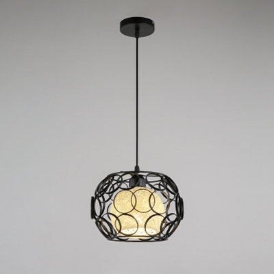 Fabric Globe Pendant Light Vintage Wrought Iron Suspended Lamp in Black/White for Dining Room