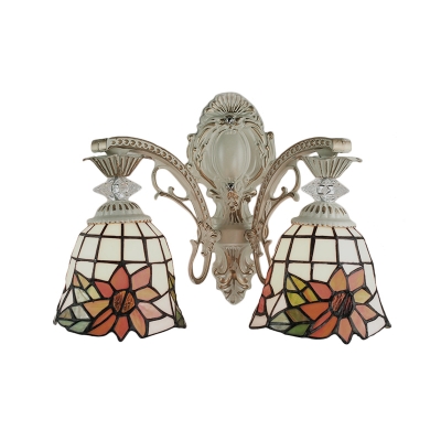 Floral Theme and Bell Shaped Glass Shade in 16-Inch Wide Tiffany-Style Double Light Wall Sconce
