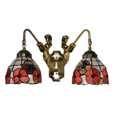 Floral Wall Light Fixture Tiffany Retro Style Stained Glass 2 Heads Wall Sconce in Red