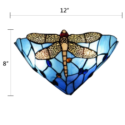 Gorgeous Dragonfly Orange/Blue Stained Glass Shade Hallway Two Light Wall Sconce, 12