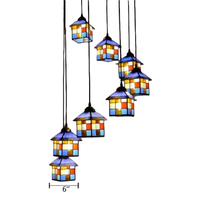 Multi Light Lodge Shaped Pendant Light Tiffany Style Stained Glass Hanging Light for Restaurant