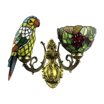 Parrot and Flower Wall Mount Fixture Tiffany Stained Glass 2 Lights Wall Sconce in Multicolor
