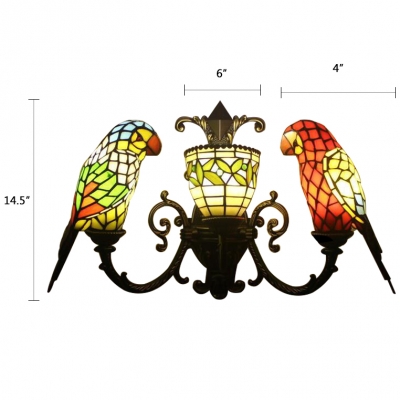 Parrot Wall Light Tiffany Country Style Stained Glass 3 Light Wall Mount Fixture in Multicolor