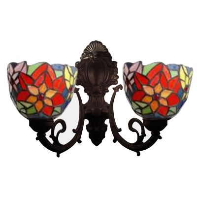 Stained Glass Floral Wall Lighting Tiffany Rustic Double Heads Wall Mount Fixture in Multicolor