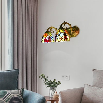 Tiffany Country Style Dome Wall Light Stained Glass Double Light Wall Lamp in Brass Finish
