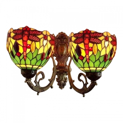 Tiffany Style Dragonfly Wall Lamp Stained Glass 2 Lights Wall Light Sconce in Multi Color