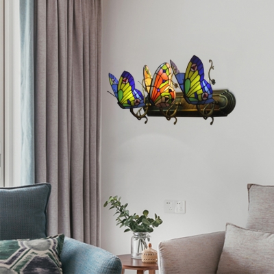 Triple Head Butterfly Wall Lamp Tiffany Retro Style Stained Glass Sconce Light in Blue and Orange