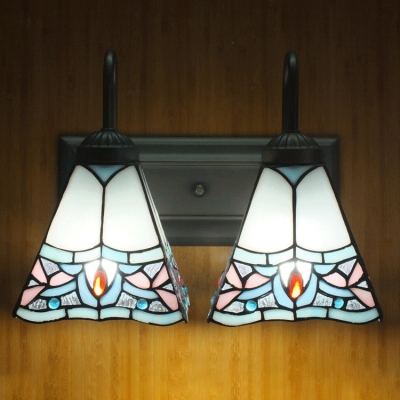 Vintage Tiffany White&Blue Stained Glass Shade Wall Sconce, 2 Light