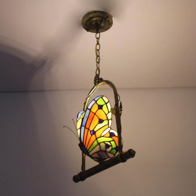 Butterfly Drop Light Tiffany Style Stained Glass 1 Light Suspended Lamp in Multicolor