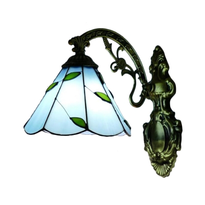 Blue/White Leaf Wall Sconce Tiffany Style Stained Glass Wall Lamp for Study Room