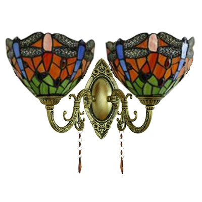 Double Heads Dragonfly Wall Lighting Tiffany Style Stained Glass Wall Mount Light for Corridor