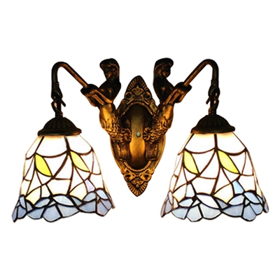 Double Heads Petal Wall Sconce Tiffany Stained Glass Wall Lamp in Blue/Pink with Mermaid