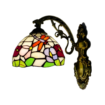 Dragonfly and Flower Wall Sconce Tiffany Style Stained Glass Wall Lamp in Multicolor
