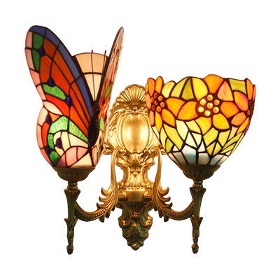 Flower and Butterfly Wall Sconce Tiffany Style Stained Glass 2 Heads Wall Lighting in Multicolor