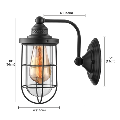 Lantern Single Light Wall Sconce in Black with Clear Glass Shade Industrial Style Wire Cage Wall Lighting for Hallway Farmhouse