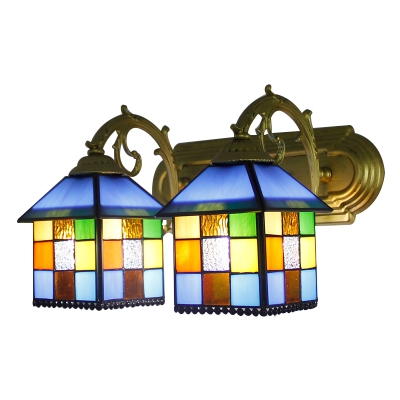 Multicolor Checkered Pattern Wall Lighting Tiffany Style Stained Glass 2 Heads Wall Lamp