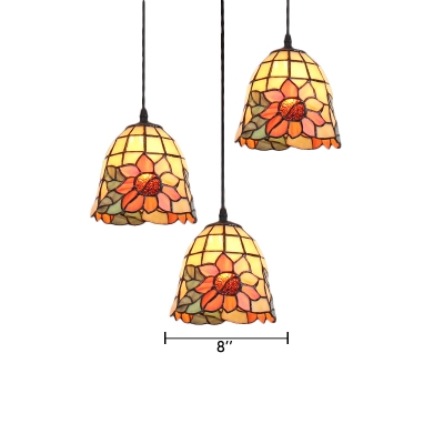 Multicolor Sunflower Design Hanging Lamp Tiffany Style Stained Glass Triple Pendant Light