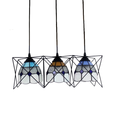 Multicolored Dome Hanging Lamp Tiffany Style Stained Glass 3 Lights Pendant Light for Foyer