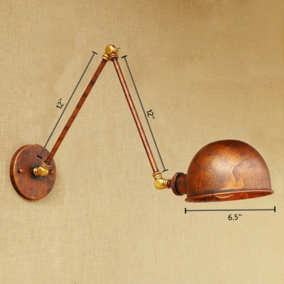 Rotatable Dome Wall Light Fixture Vintage Steel 1 Bulb Wall Sconce in Rust for Bedroom