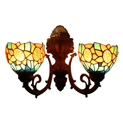 Sunflower Design Sconce Light Vintage Stained Glass 2 Heads Wall Light in Multi Color