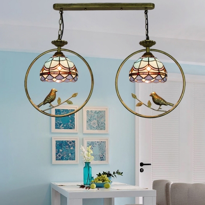 Tiffany Nautical Dome Hanging Light with Birds Stained Glass 2 Lights Pendant Light for Bedroom