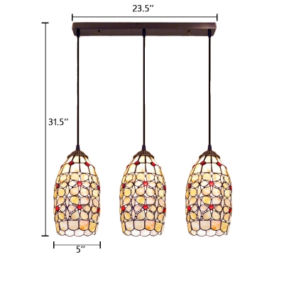 Triple Head Oval Pendant Lamp Tiffany Style Shelly Suspended Light with Metal Base