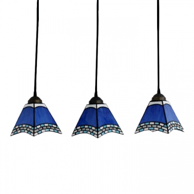 Triple Light Geometric Pendant Lamp Tiffany Style Blue/Pink Glass Hanging Light for Corridor