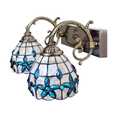 2 Lights Shelly Wall Mount Light Tiffany Style Metal Wall Light Sconce with Blue Bead Decoration