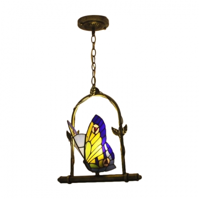 Navy Blue Butterfly Hanging Light Tiffany Style Stained Glass Single Bulb Pendant Light