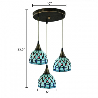 Aqua Jeweled Suspended Lamp Tiffany Style Stained Glass 3 Lights Drop Light for Bedroom