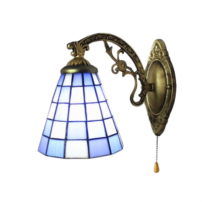 Checkered Pattern Accent Wall Sconce Tiffany Style Stained Glass Wall Lamp in Blue