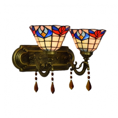 Colorful Sunflower 2 Light Hallway Wall Lamp Fixture with Tiffany Art Glass Shade 16-Inch Wide
