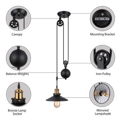 Cord Adjustable Shallow Round Pendant Light Industrial Single Light Metal Hanging Lamp