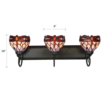 Country Style Dragonfly Wall Lighting Stained Glass 3 Heads Wall Sconce in Multicolor