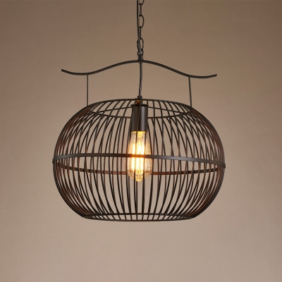 Industrial Loft Style Caged Ceiling Pendant Light Metal 1 Light Globe Hanging Fixture in Black