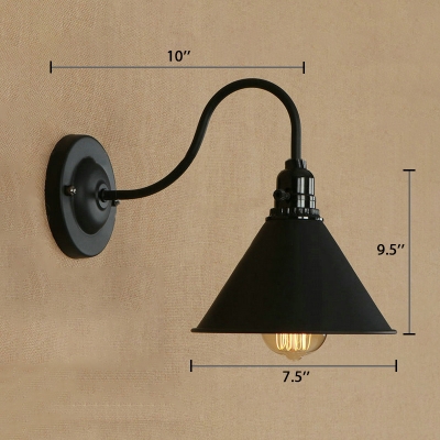 Industrial Wall Lamp with 7.5''W Cone Shade and Gooseneck Fixture Arm, Black