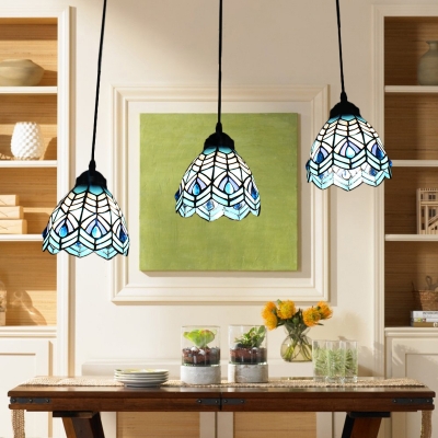 Peacock Hanging Light Tiffany Style Blue Glass 3 Heads Suspended Lamp for Restaurant