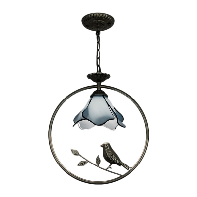 Petal Ceiling Pendant Lamp Tiffany Style Blue Glass 1 Head Accent Pendant Light with Bird