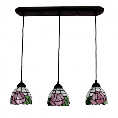 Pink Rose Suspended Light Tiffany Traditional Stained Glass 3 Lights Pendant Lamp for Bedroom