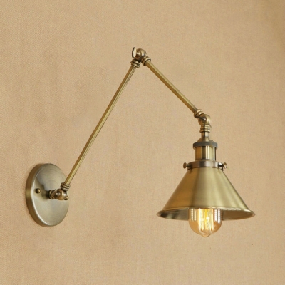 Retro Style Cone Wall Mount Light Metal 1 Light Wall Light in Brass with Adjustable Arm