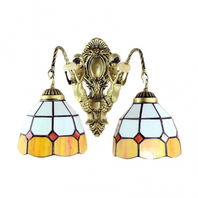 Simple 2-Light Wall Sconce in Mediterranean Style with Tiffany Orange & White Glass Shade, 14