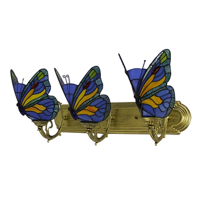 Stained Glass Butterfly Lighting Fixture Tiffany Retro Style 3 Lights Wall Lamp in Blue/Red