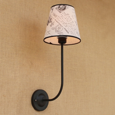 Tapered Wall Mount Fixture Vintage Iron 1 Bulb Accent Wall Lamp in Black with Curved Arm