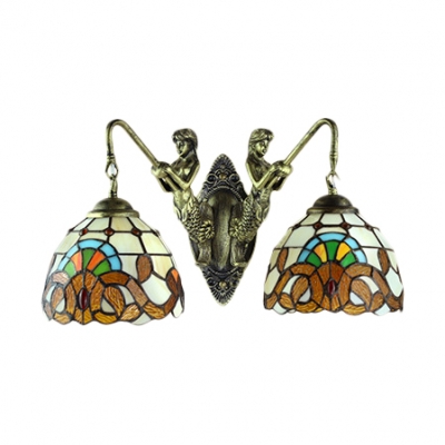 Tiffany Dome Shaped 2-Light Wall Sconce with Antique Brass Arm in Baroque Style, Multicolored
