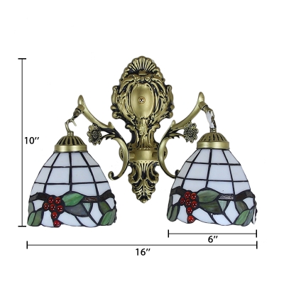 Vintage Design Tiffany Downward Wall Sconce with Leaf and Grape Glass Shade, 2-Light